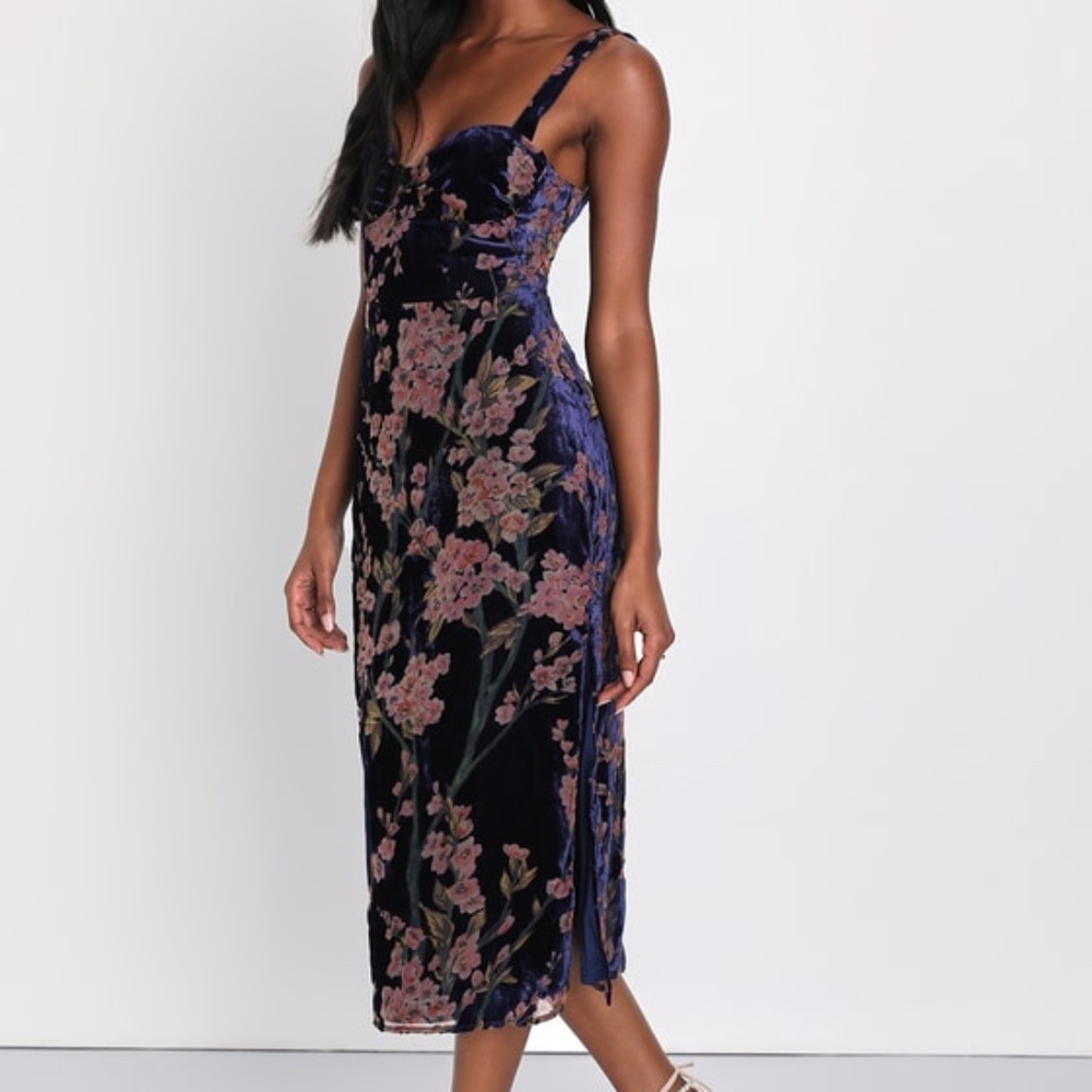 Lulus Romantic Stunner Navy Blue Floral Burnout Velvet Lace-up Dress - Size L